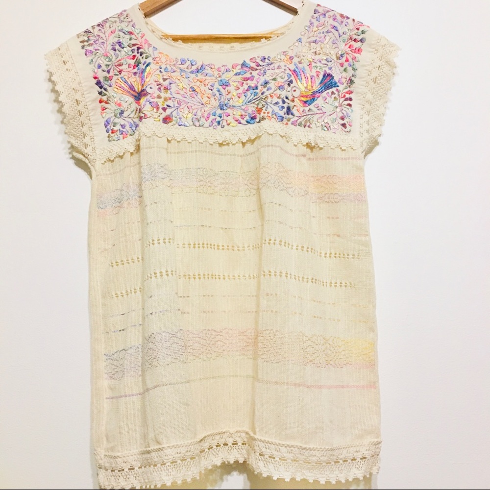 Birds and flowers hand embroidered Mexican blouse top tunic babydoll